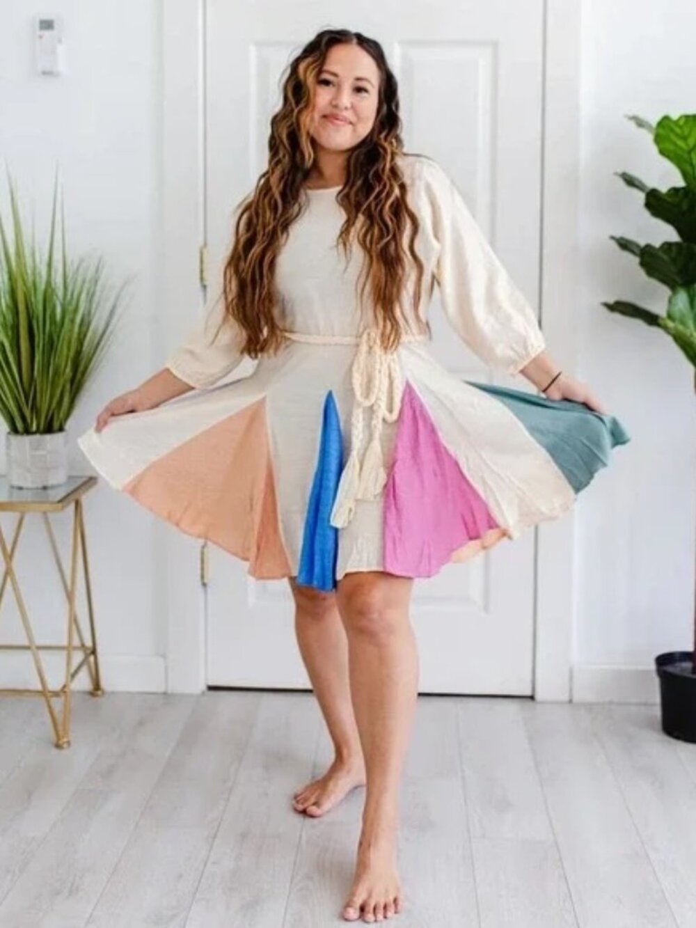 ODDI Rainbow Colorblock Panel Belted Swing Mini Dress - Picture 2 of 11